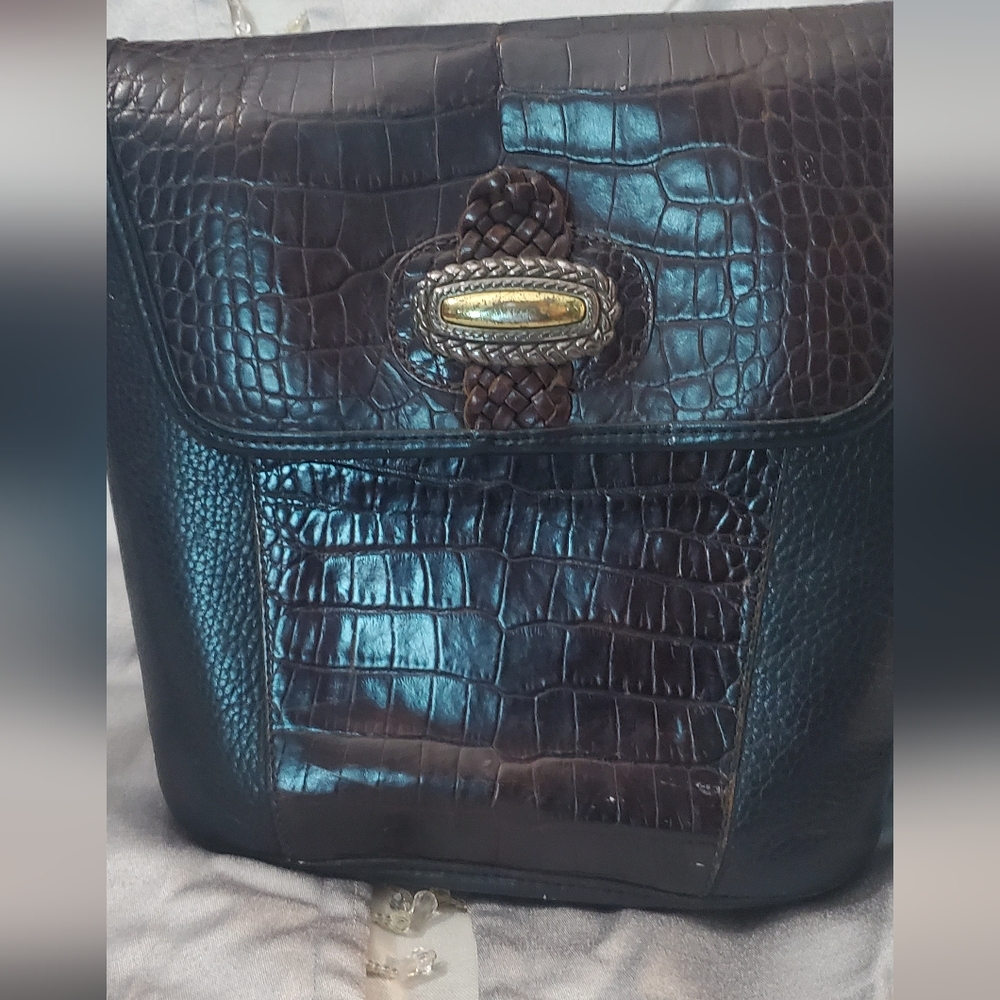 BRIGHTON Crossbody Shoulder Bag Leather Purse Black & Brown Croc Embossed 10”x9” - Picture 3 of 15